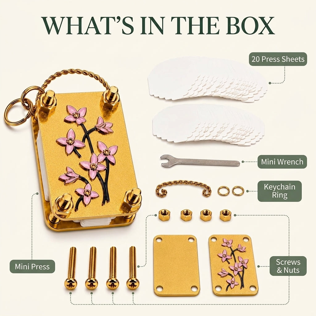 What's in the box: mini press, 20 press sheets, mini wrench, keychain ring, screws and nuts