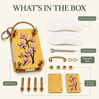 What's in the box: mini press, 20 press sheets, mini wrench, keychain ring, screws and nuts