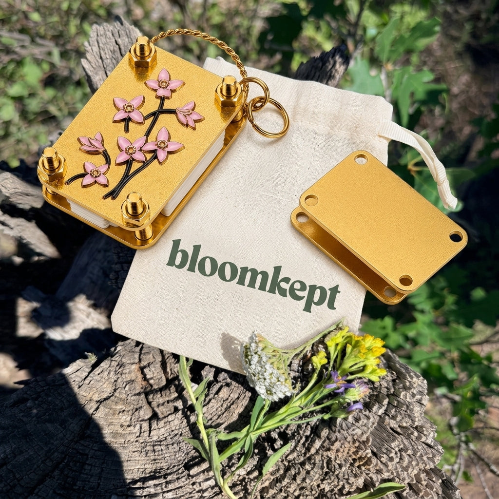 Bloomkept mini flower press with its linen pouch