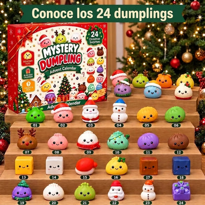 Las 24 sorpresas squishy del calendario de Adviento Dumplingmas, numeradas del 1 al 24